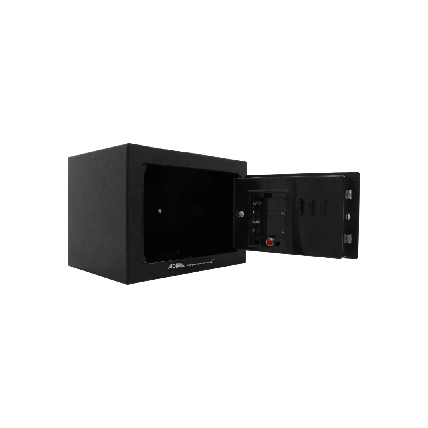 Caja de seguridad electrónica Adir 341 negra 10 pulgadas con puerta abierta, ideal para resguardar objetos de valor