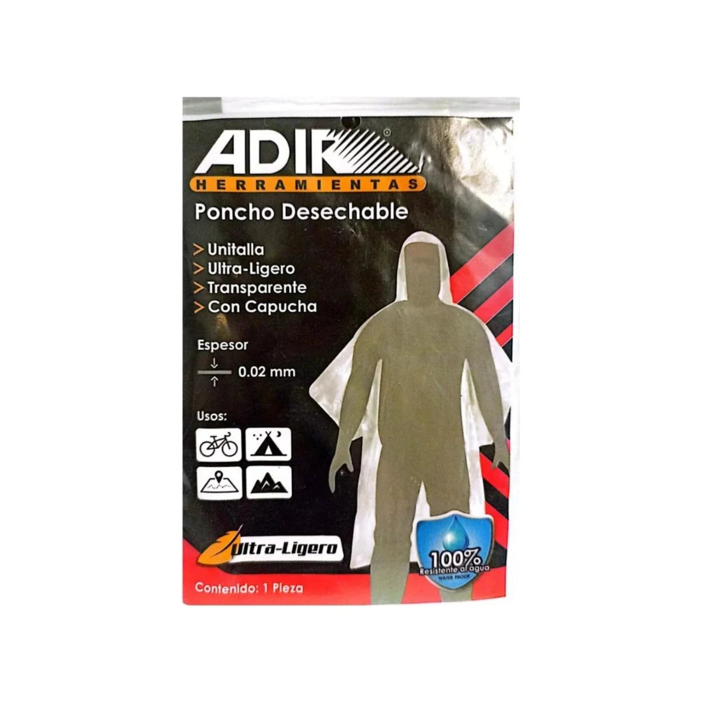 Poncho desechable Adir ultra-ligero y transparente con capucha, 100% impermeable para camping, ciclismo y senderismo.