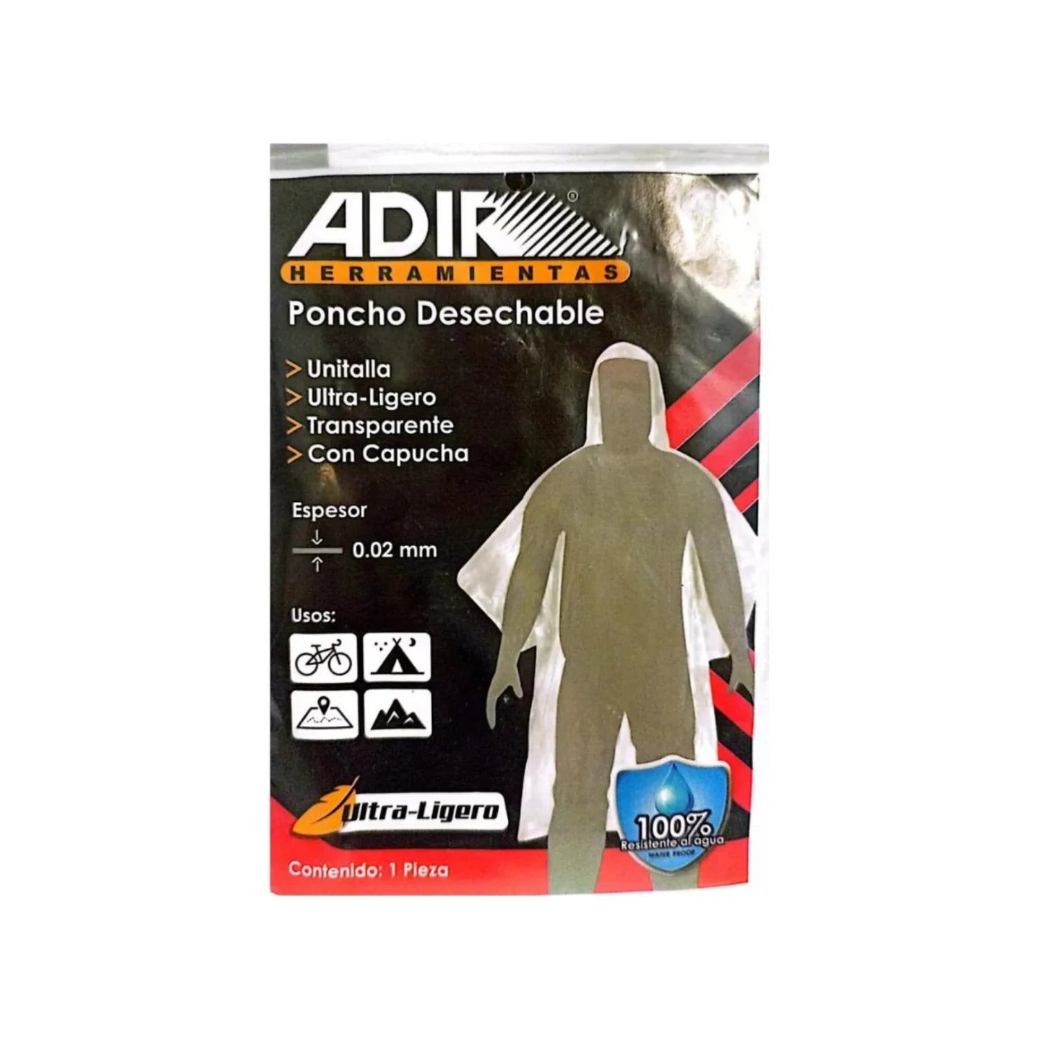 Poncho desechable Adir ultra-ligero y transparente con capucha, 100% impermeable para camping, ciclismo y senderismo.