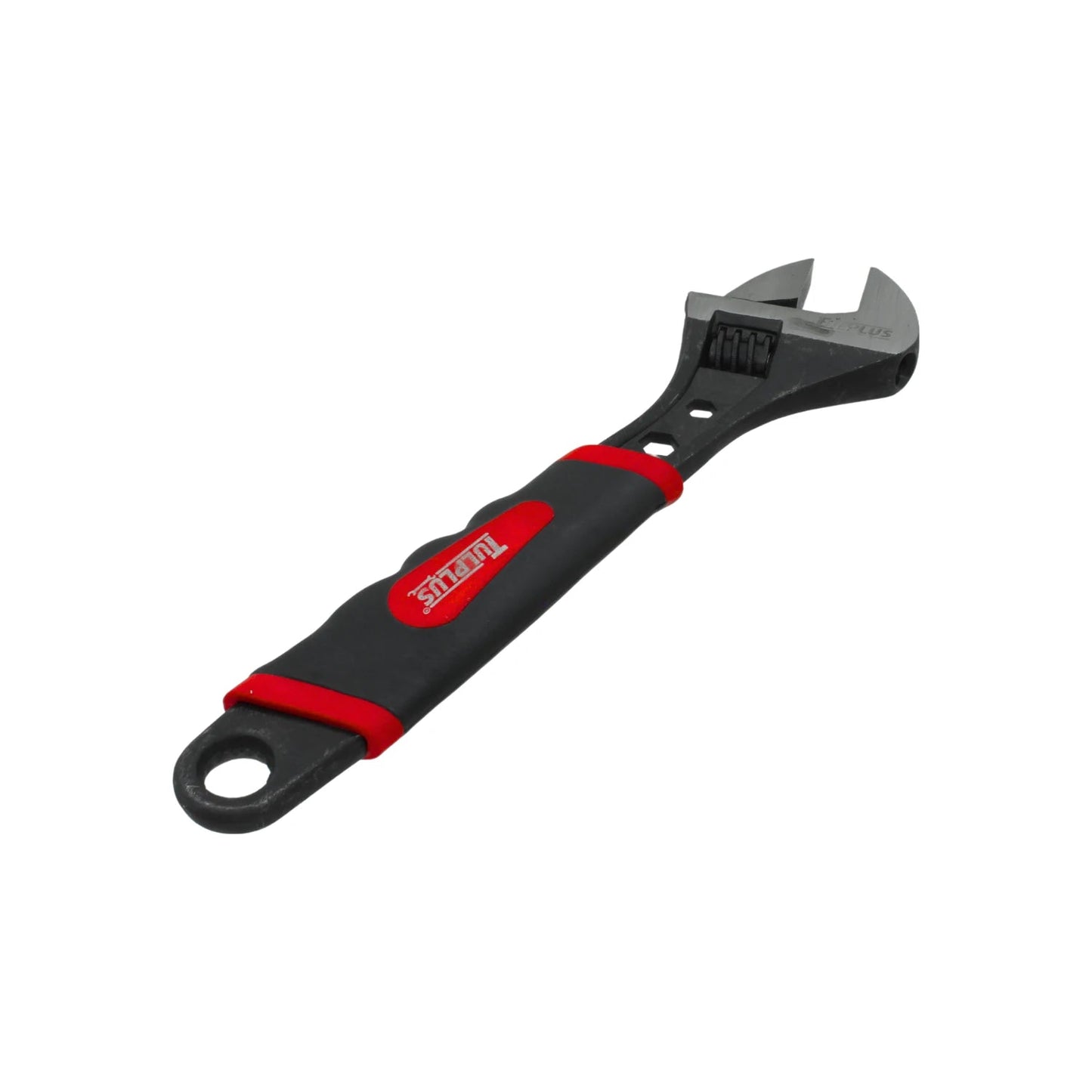 Llave perico ajustable TULPLUS con mango ergonómico rojo y negro para trabajos de mecánica y ferretería.