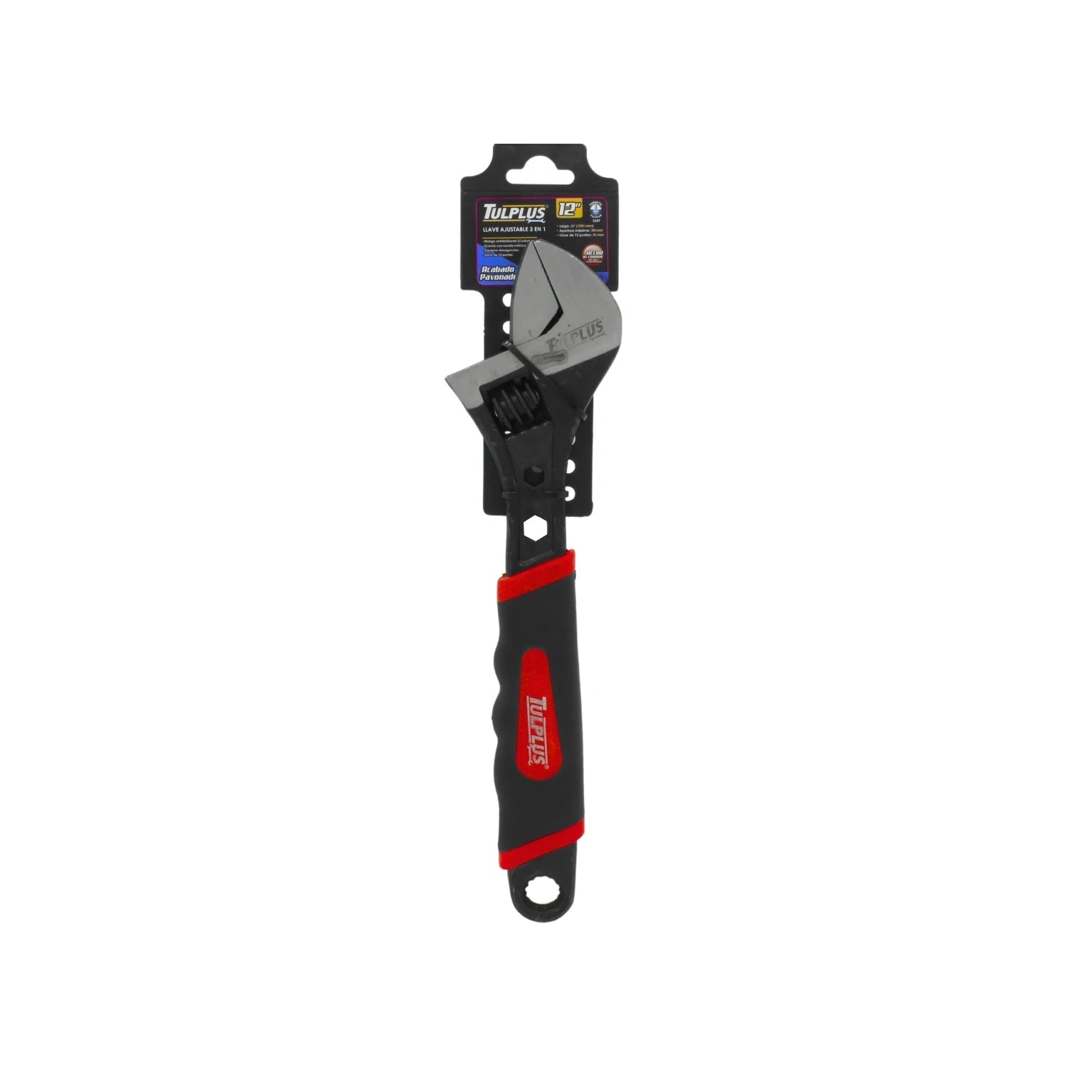 Llave ajustable TULPLUS 12 pulgadas 3 en 1, acabado pavonado, mango ergonómico rojo y negro.