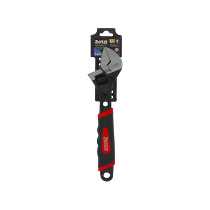 Llave ajustable TULPLUS 12 pulgadas 3 en 1, acabado pavonado, mango ergonómico rojo y negro.