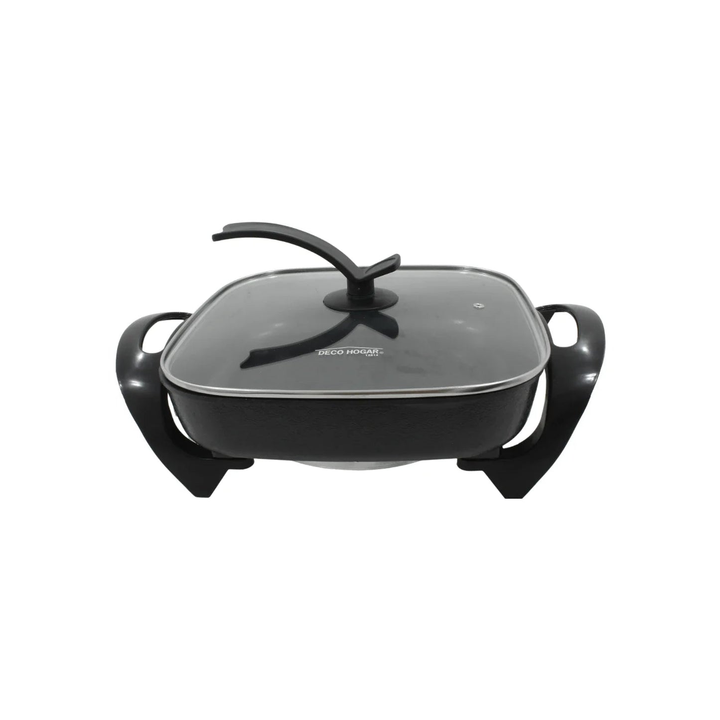 Sartén eléctrico antiadherente negro DECO HOGAR 12814, cuadrado con tapa de cristal.
