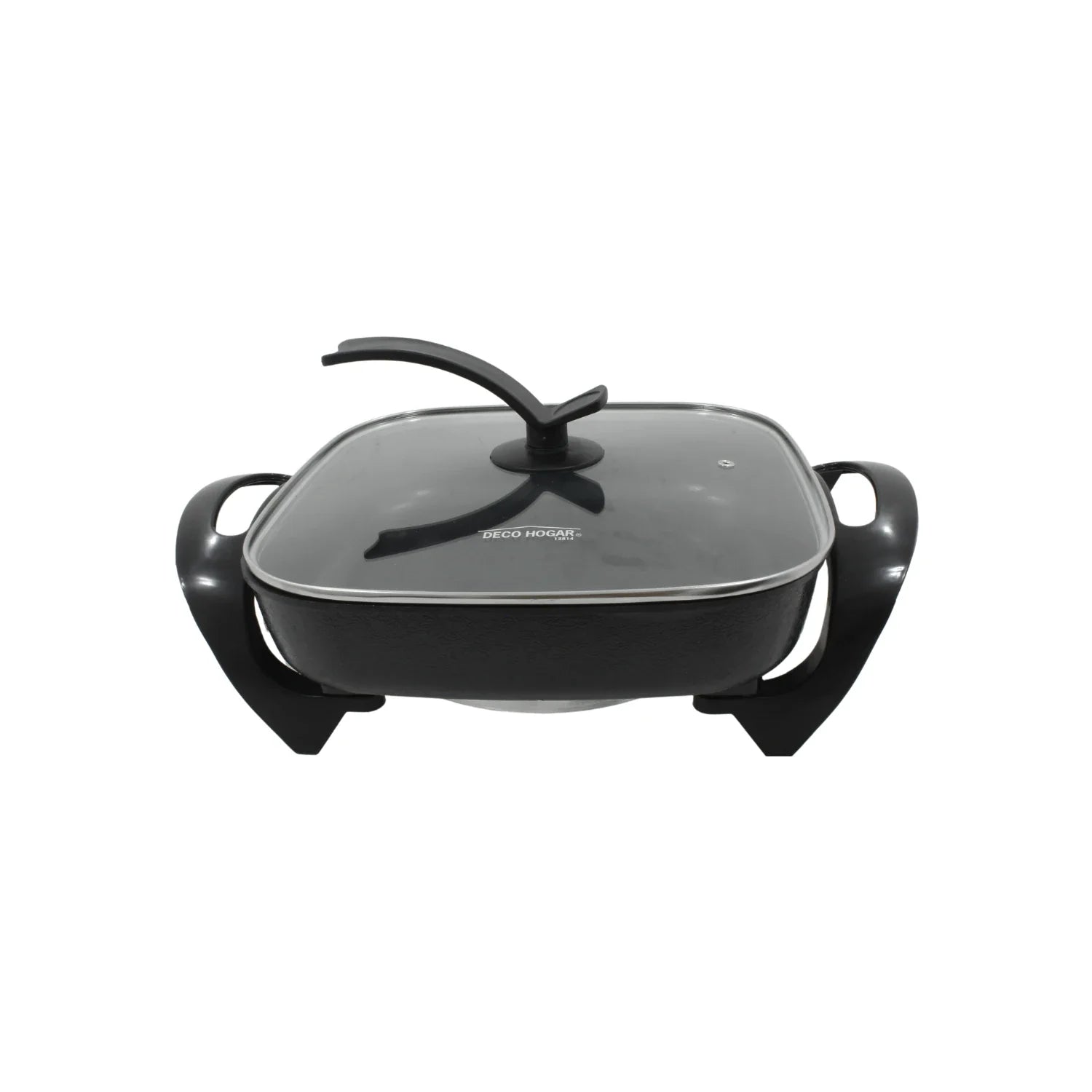 Sartén eléctrico antiadherente negro DECO HOGAR 12814, cuadrado con tapa de cristal.