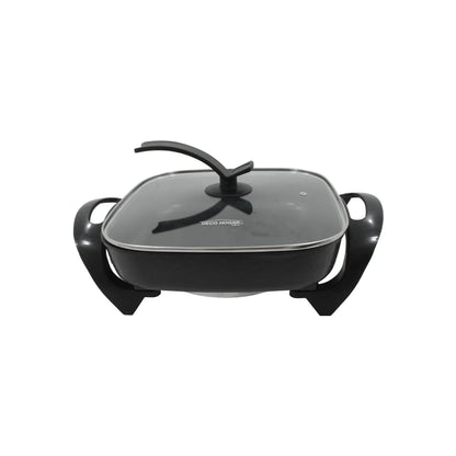 Sartén eléctrico antiadherente negro DECO HOGAR 12814, cuadrado con tapa de cristal.