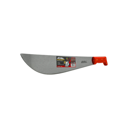 Machete Adir 14 pulgadas con hoja pulida y mango ergonómico naranja remachado, ideal para desbrozar