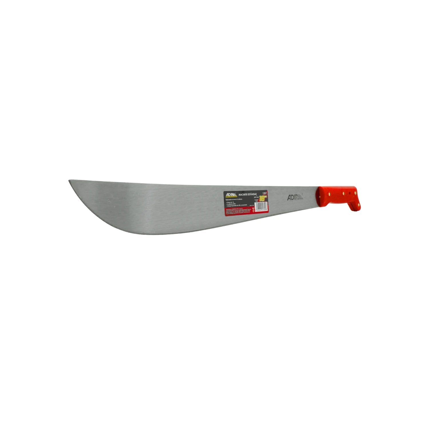 Machete estándar Adir con hoja de metal pulido y mango ergonómico rojo, herramienta de corte para jardín y campo.