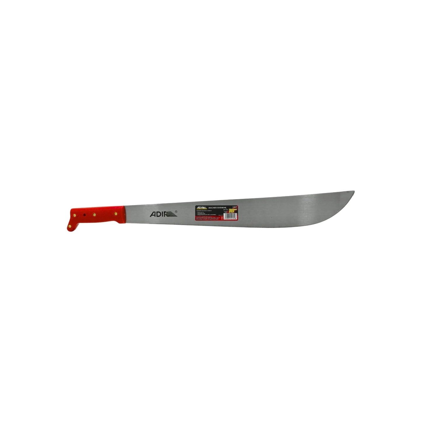 Machete Adir 1297 de acero pulido con mango rojo ergonómico, hoja de 18 pulgadas para jardinería y corte.