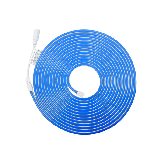 Tira LED azul tipo neón de 5 metros enrollada con conectores, ideal para iluminación decorativa