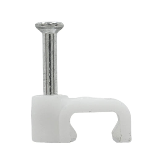 Grapa recta blanca de 5mm con clavo para sujetar y organizar cables eléctricos
