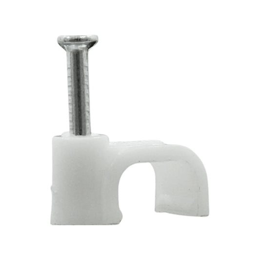 Grapa recta blanca de plástico con clavo, 8mm, para sujetar cables eléctricos y de red.