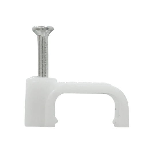 Grapa recta blanca de plástico con clavo metálico para fijación de cables de 10mm