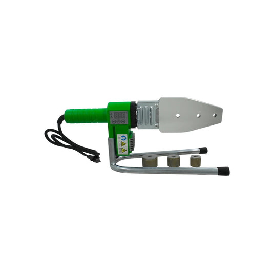 Máquina de termofusión PPR verde con pantalla digital, base metálica y dados para soldadura de tuberías.