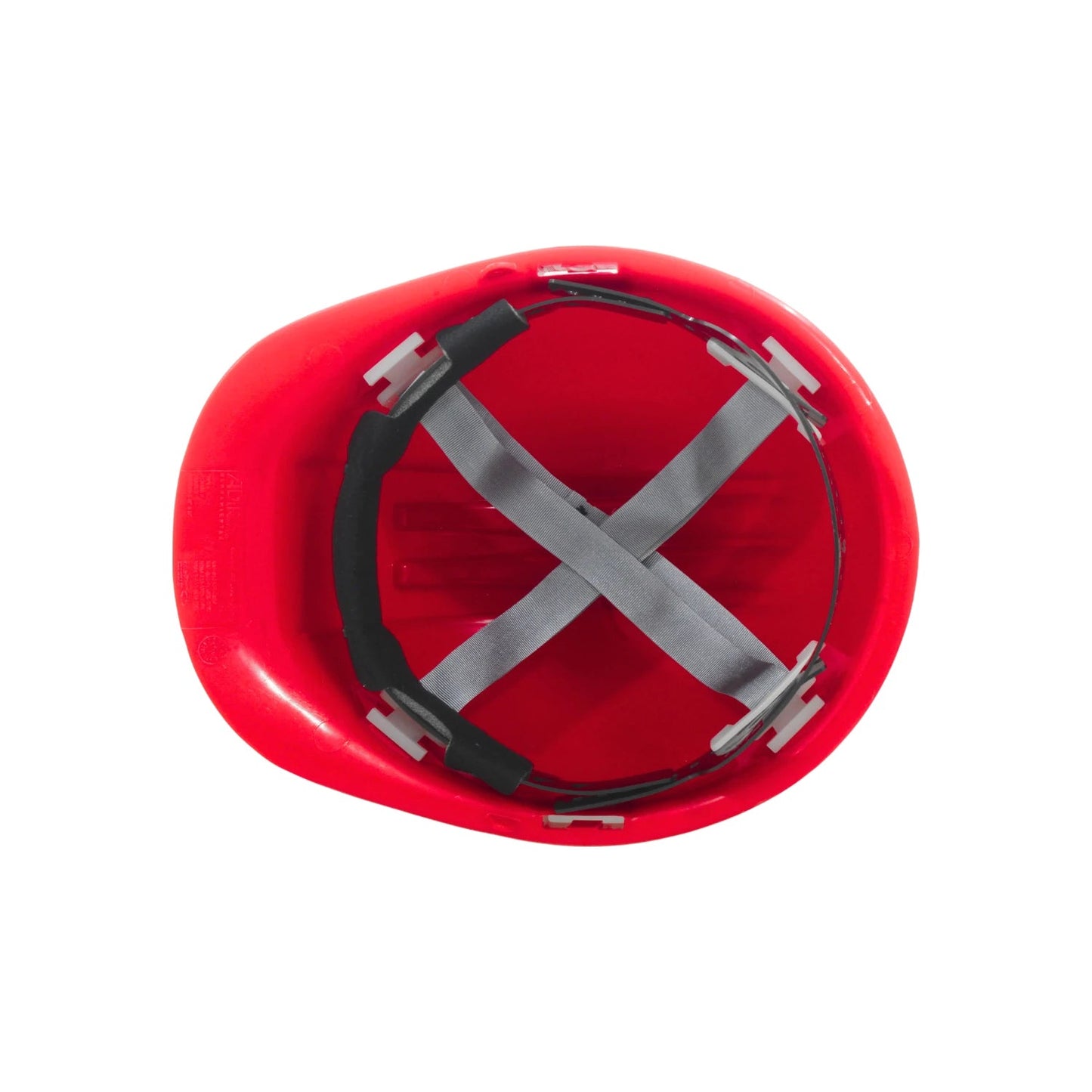 Casco de seguridad rojo vista interior con sistema de suspensión ajustable para protección laboral