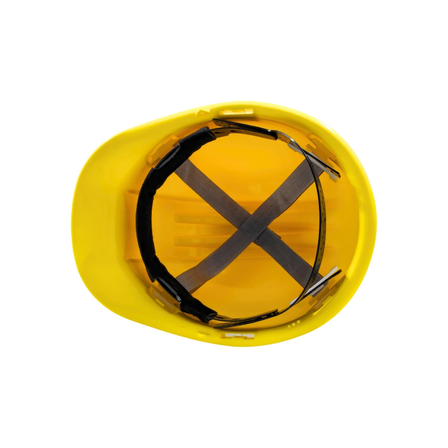 Casco de seguridad amarillo, vista interna del arnés y sistema de suspensión para protección en obra.
