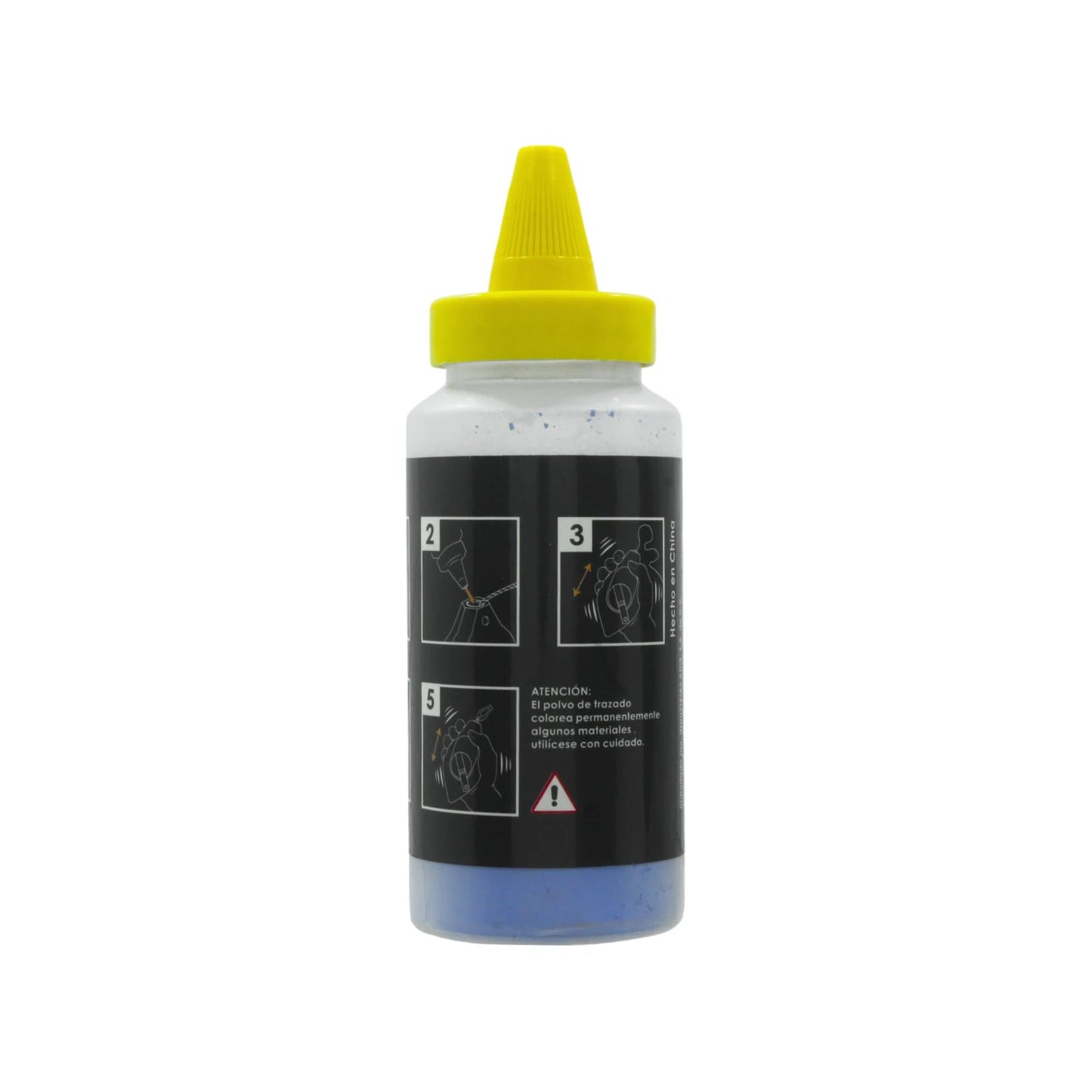 Bote de recarga de polvo azul para tiralíneas, ideal para marcaje en construcción y carpintería, tapa amarilla