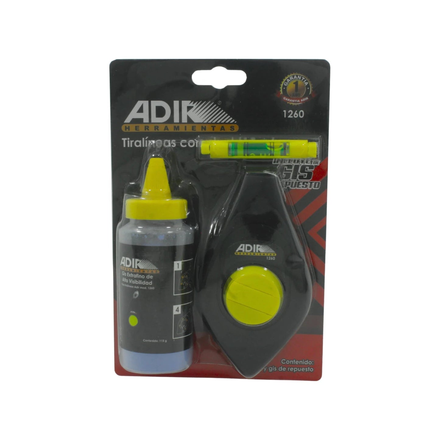 Tiralíneas Adir 1260 negro con gis azul de alta visibilidad, incluye nivel amarillo y botella de repuesto.