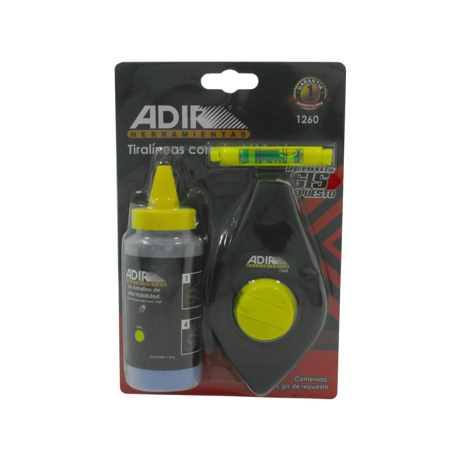 Tiralíneas Adir 1260 negro con gis azul de alta visibilidad, incluye nivel amarillo y botella de repuesto.