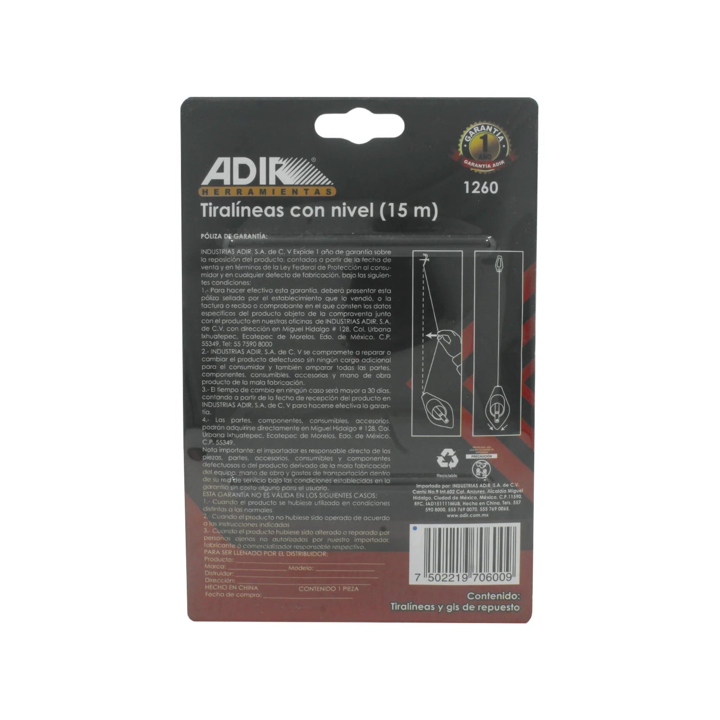 Tiralíneas Adir 1260 con nivel y cuerda de 15m para marcado preciso en construcción y albañilería.