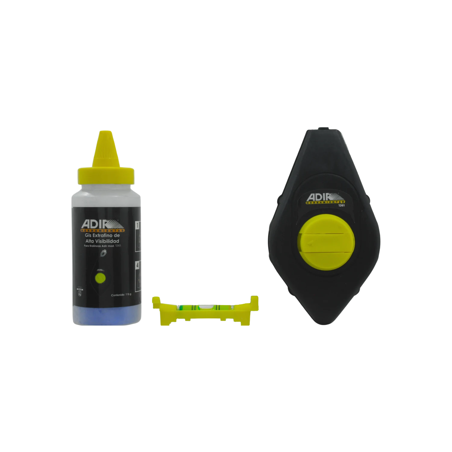 Tiralíneas Adir 1261 negro/amarillo, incluye gis azul de alta visibilidad y nivel de burbuja. Herramienta de marcado.