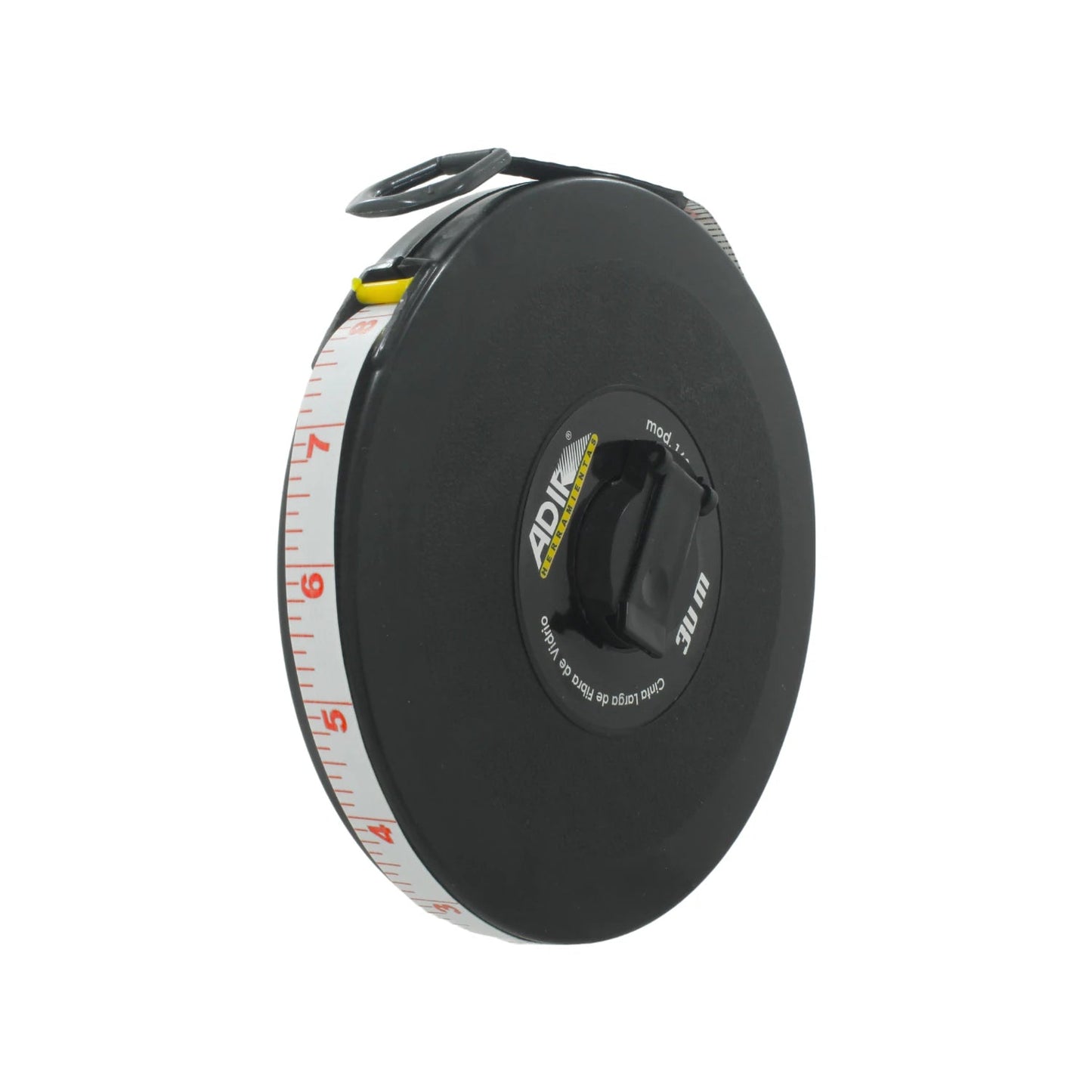 Cinta métrica Adir de 30 metros, fibra de vidrio, carrete negro con manivela y marcación visible.