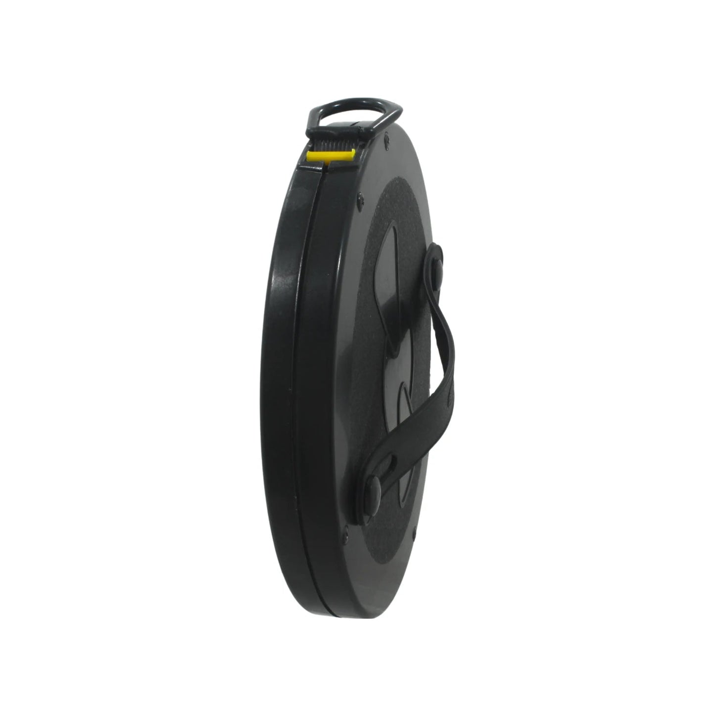 Cinta métrica de fibra de vidrio 30 metros, carcasa redonda negra con asa y botón amarillo, para medición profesional.