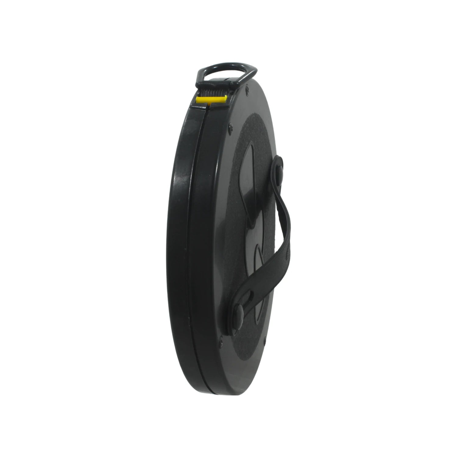Cinta métrica de fibra de vidrio 30 metros, carcasa redonda negra con asa y botón amarillo, para medición profesional.