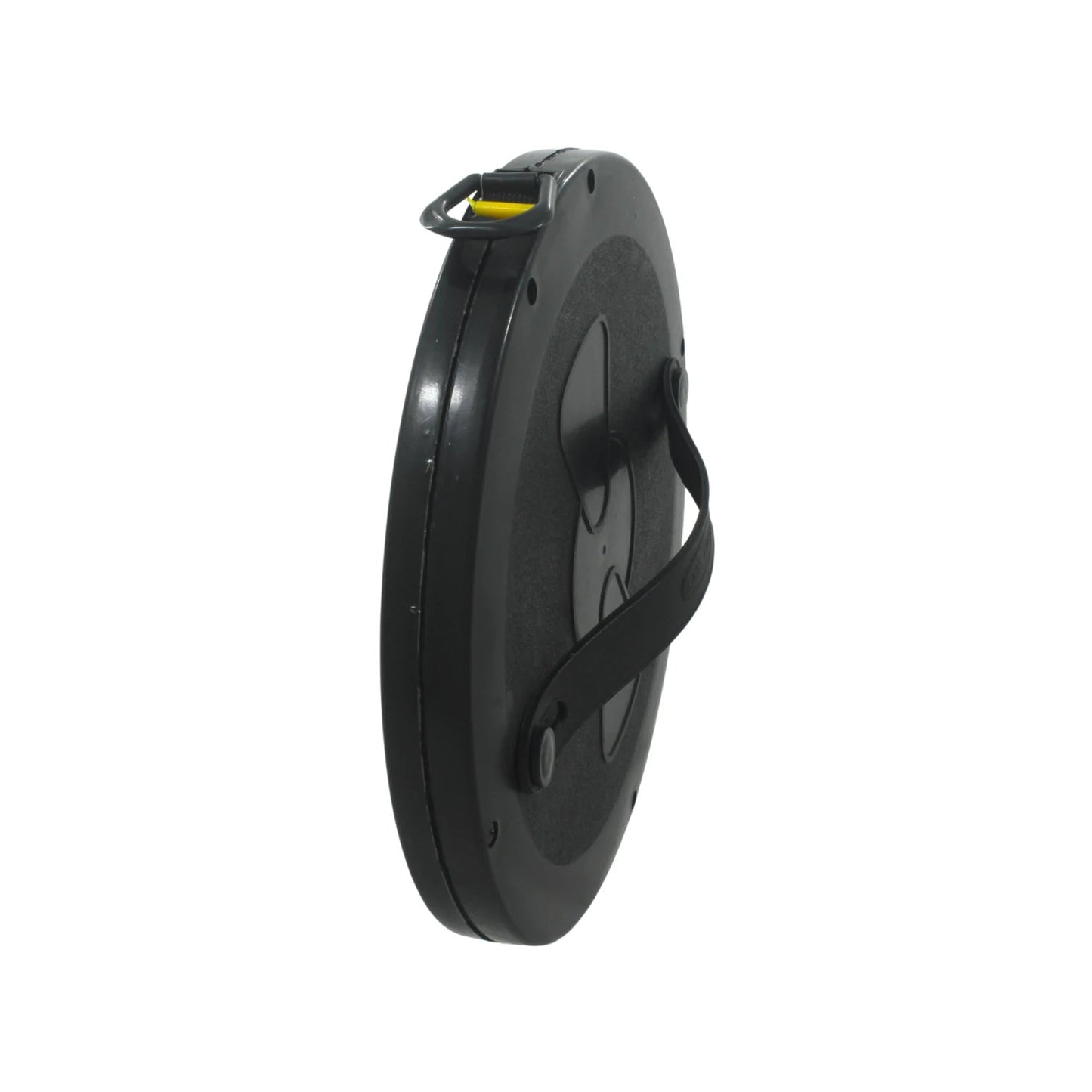 Cinta métrica larga de fibra de vidrio 50 metros, enrollador negro con asa y gancho amarillo para obras.