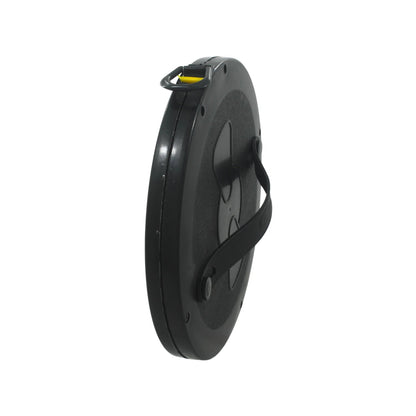 Cinta métrica larga de fibra de vidrio 50 metros, enrollador negro con asa y gancho amarillo para obras.
