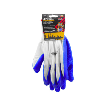 Guantes de trabajo Adir blancos y azules, algodón/poliéster con látex reforzado para agarre y protección general.