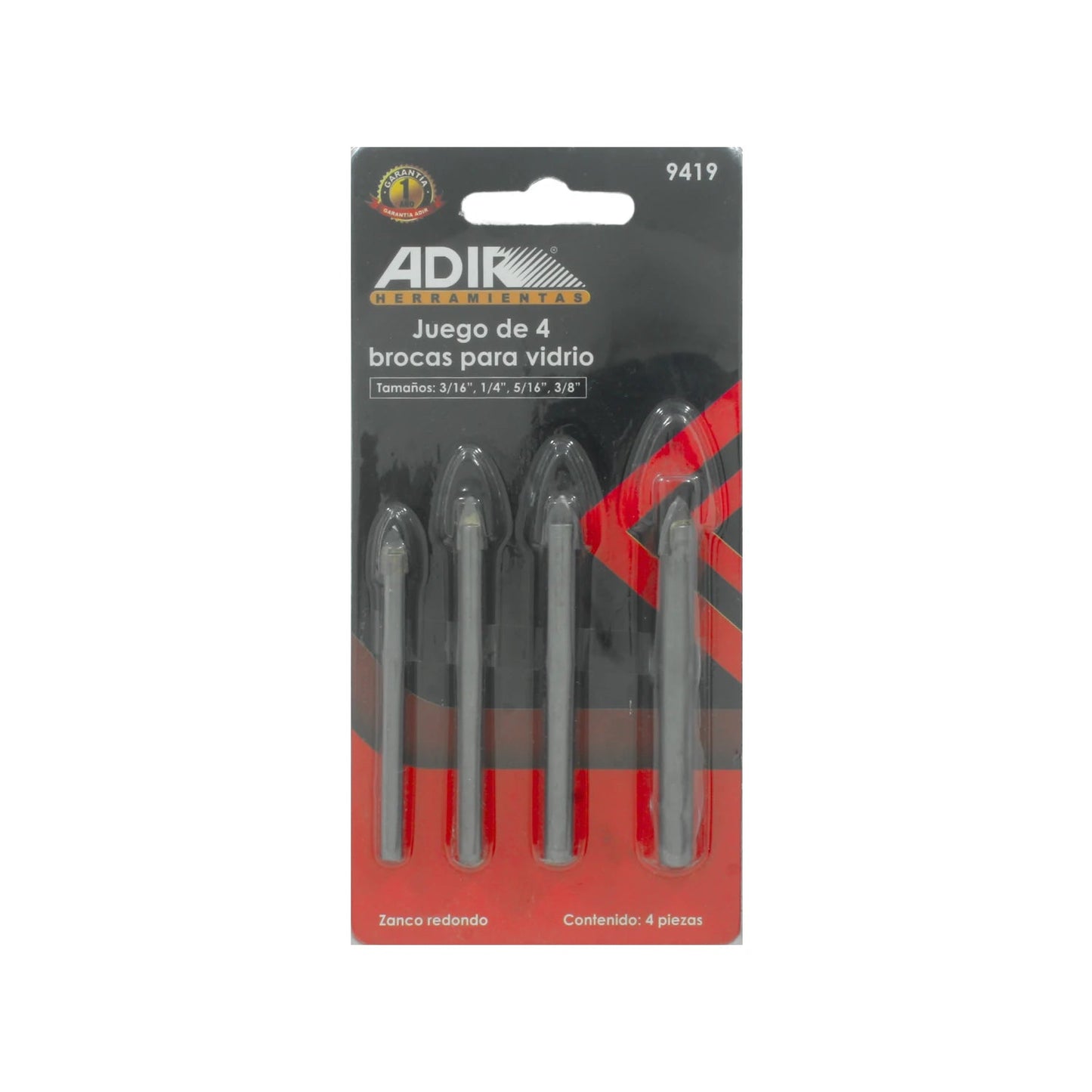 Juego de 4 brocas ADIK para vidrio con zanco redondo, tamaños 3/16, 1/4, 5/16, 3/8 pulgadas, alta precisión.