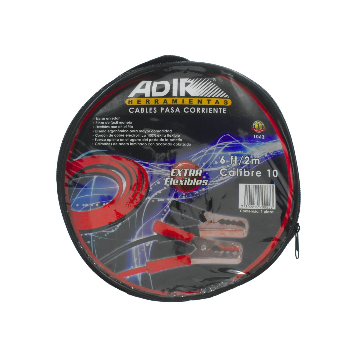 Cables pasa corriente Adir 2m Calibre 10 flexibles, pinzas de acero rojas/negras para arrancar baterías de auto