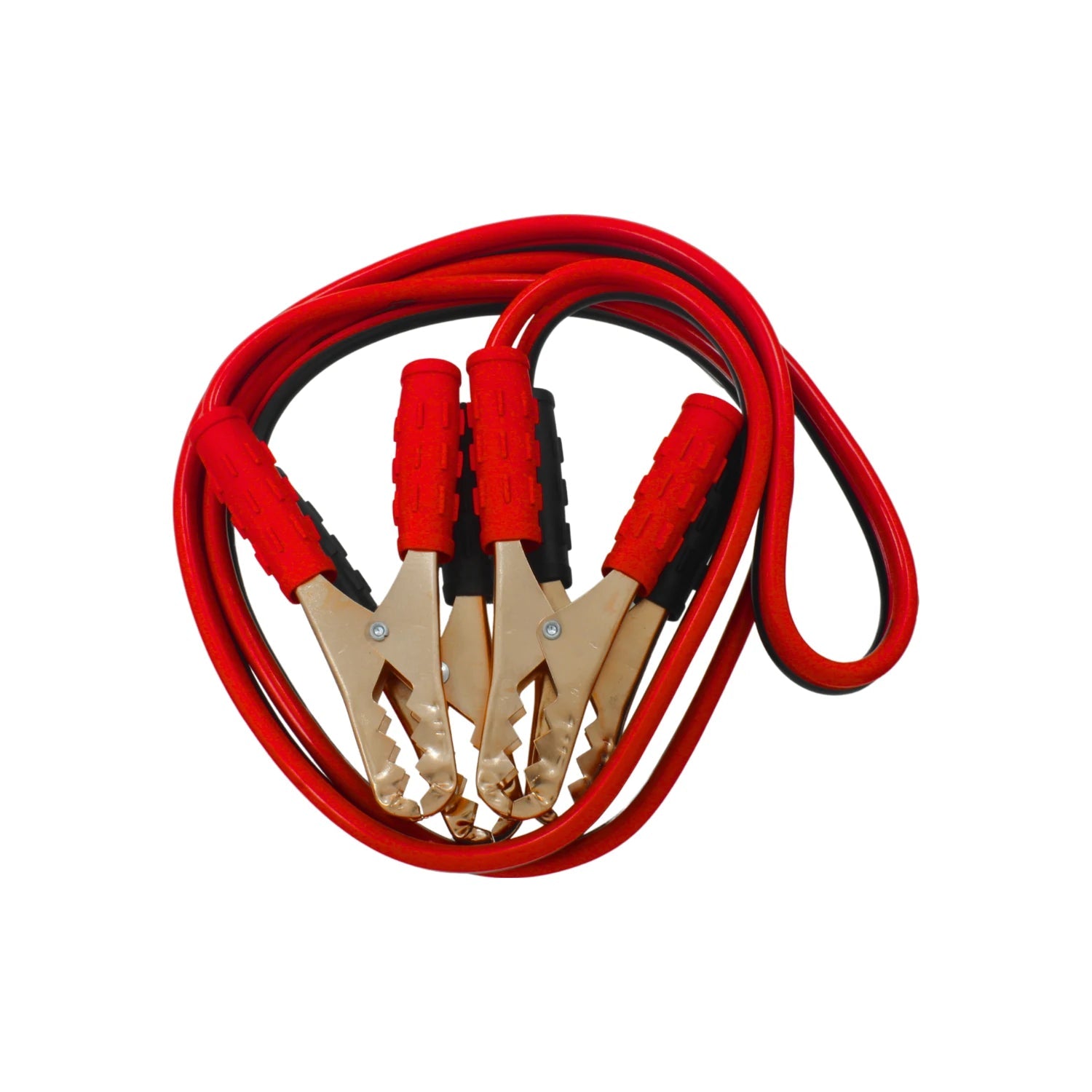 Cables pasa corriente rojos y negros con pinzas de cocodrilo metálicas doradas para batería de auto