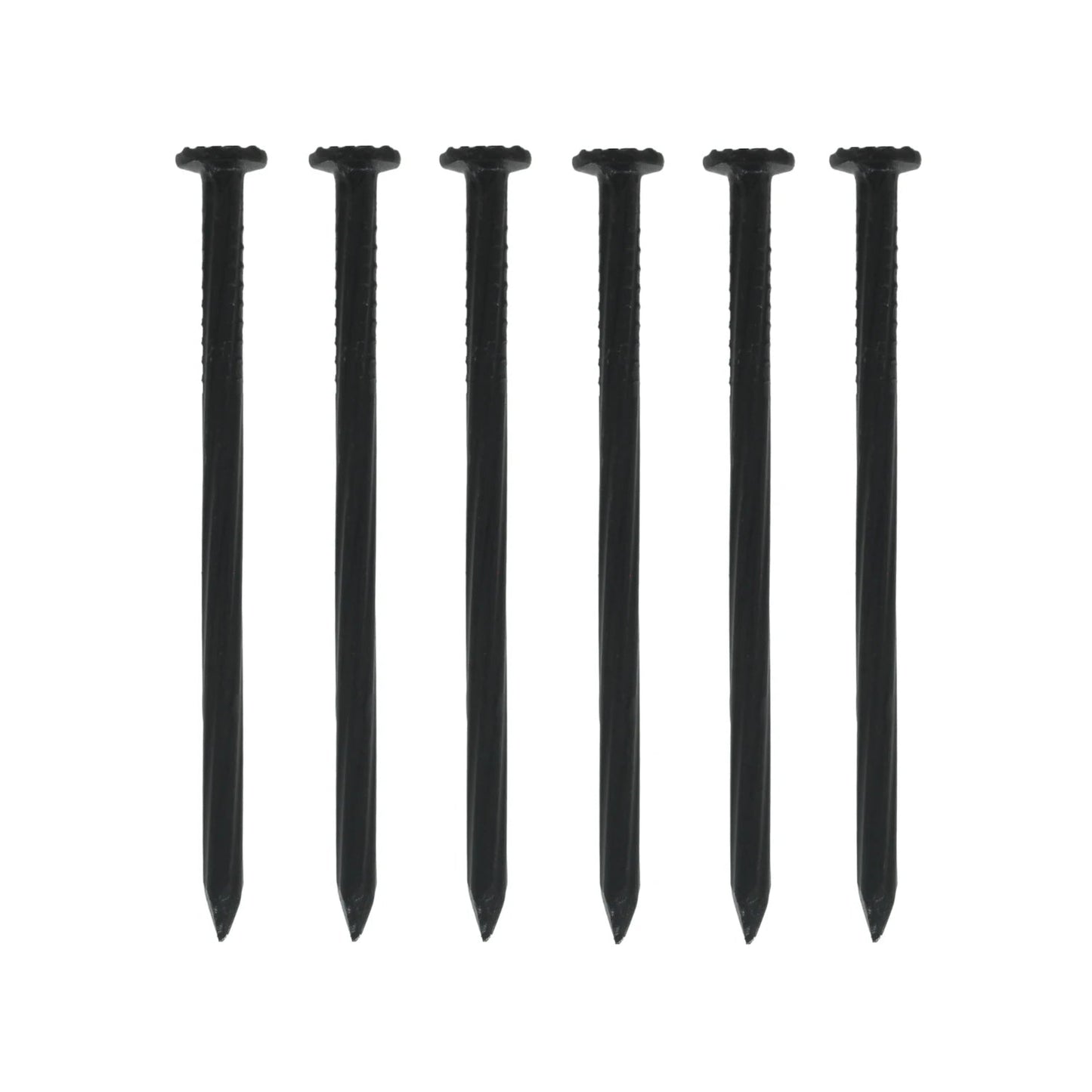 Seis clavos negros para concreto de 3 pulgadas, calibre 8, para fijación resistente en mampostería.