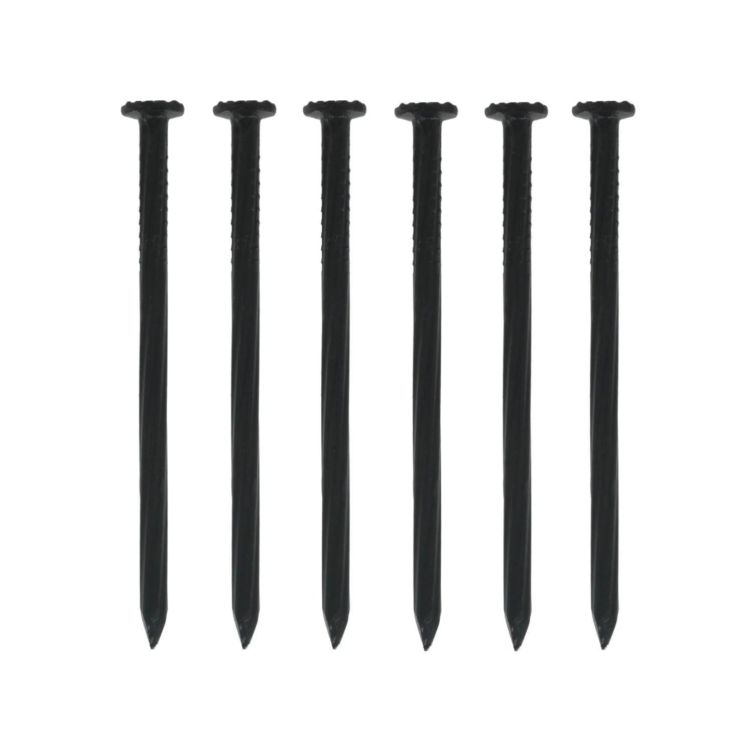 Seis clavos negros para concreto de 3 pulgadas, calibre 8, para fijación resistente en mampostería.