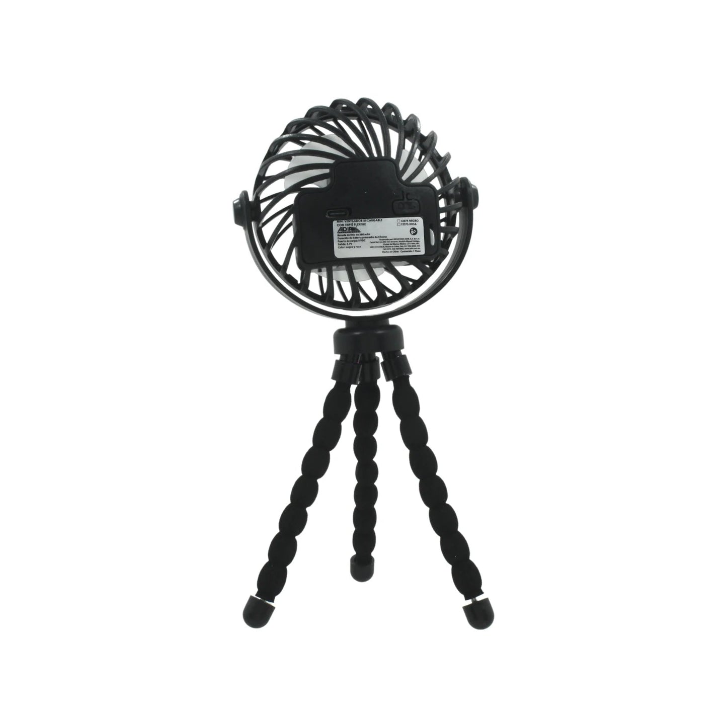Ventilador mini portátil Adir 12374 negro recargable con trípode flexible articulado
