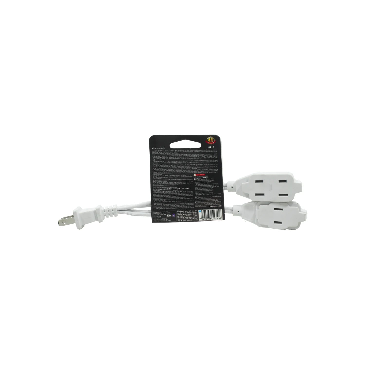 Extensión eléctrica dual Adir 5819 blanca con clavija y dos receptáculos para conexión de aparatos.