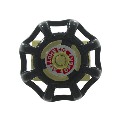 Volante de válvula de compuerta negro con indicador OPEN/SHUT rojo, ideal para control de flujo.