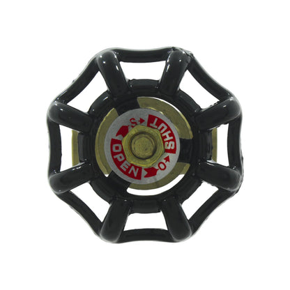 Volante de válvula de compuerta negro con indicadores de dirección abrir y cerrar. Manija para control de flujo.