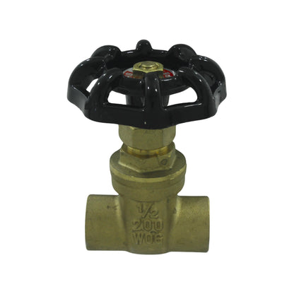 Válvula de compuerta 1/2" latón, manija negra, 200 WOG soldable para plomería