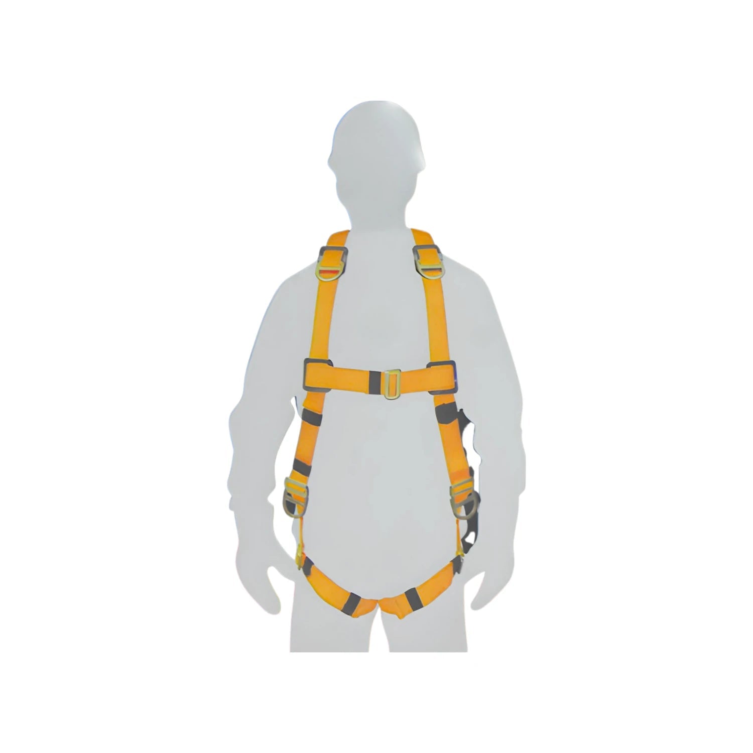 Arnés de seguridad anticaídas amarillo y negro con 5 argollas en D para protección en trabajos en altura