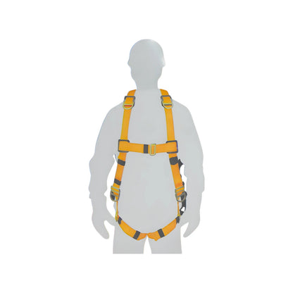 Arnés de seguridad anticaídas amarillo y negro con 5 argollas en D para protección en trabajos en altura