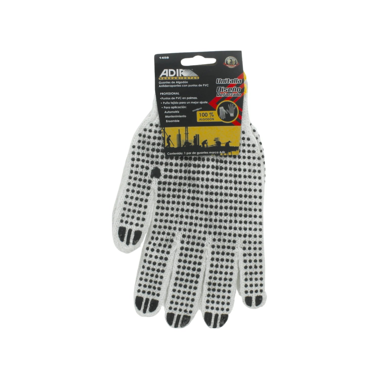 Guante de algodón blanco Adir 1458 antiderrapante con puntos de PVC negro para trabajo y seguridad
