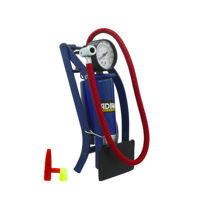 Bomba de pie Adir azul con manómetro PSI/BAR, manguera roja y adaptadores para inflar neumáticos y balones.