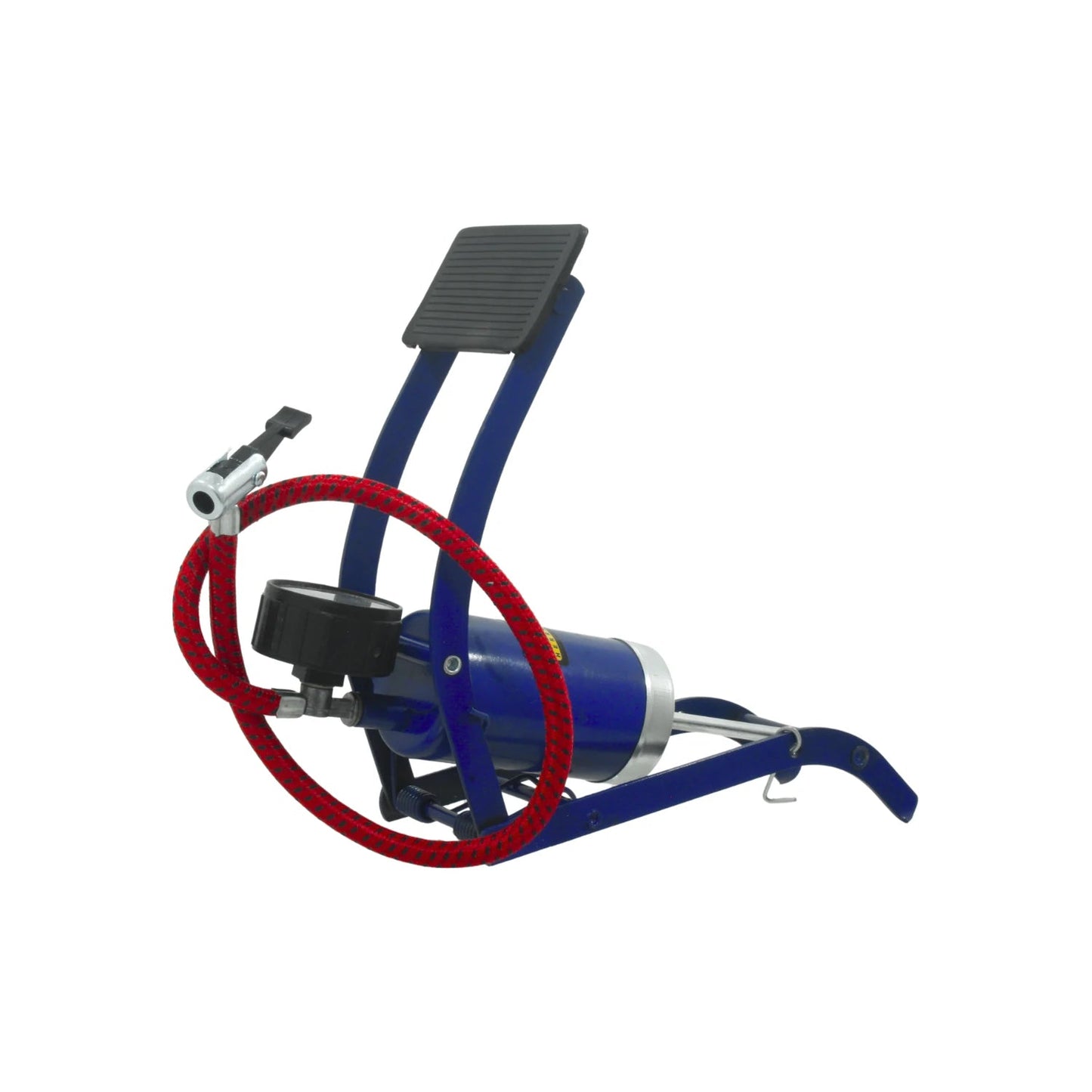 Inflador de pie azul con manómetro, manguera roja y pedal antideslizante para neumáticos de coche y bicicleta