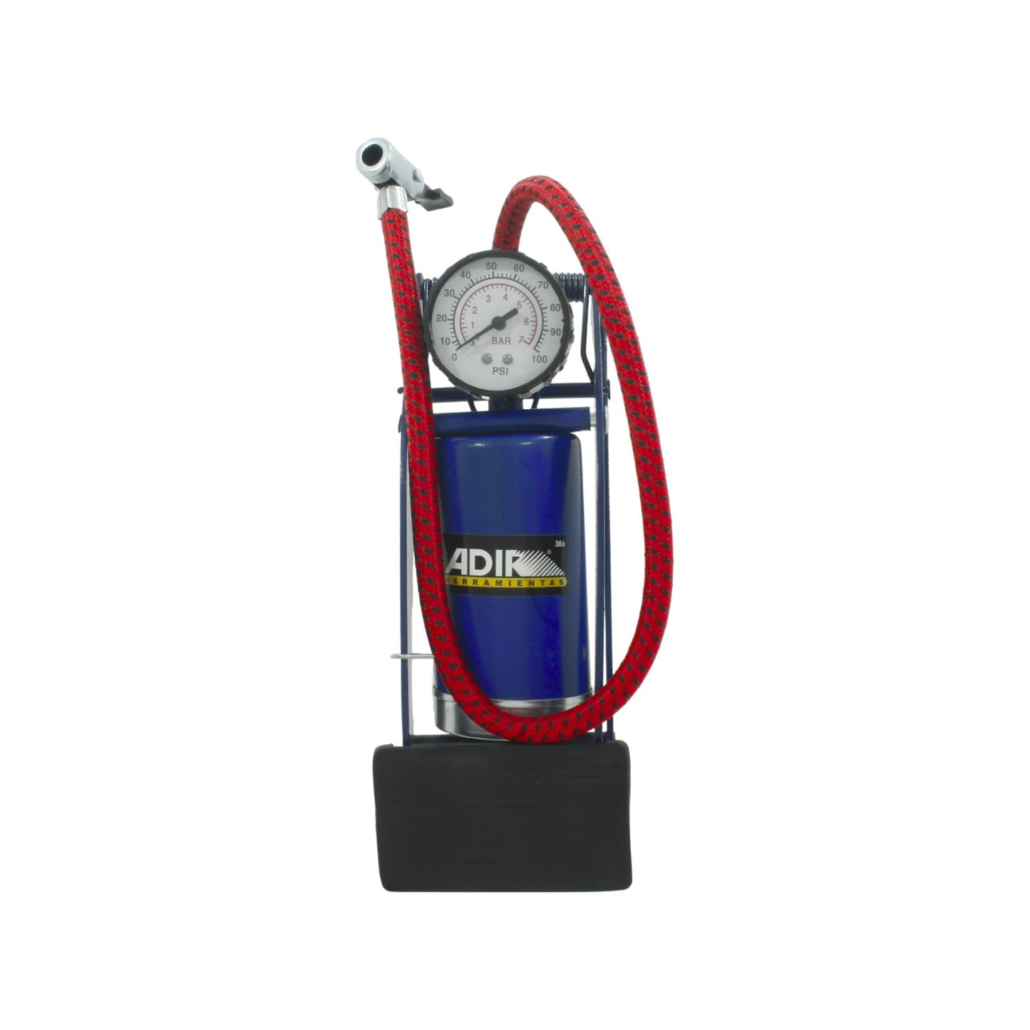 Bomba de pie Adir azul con manómetro de presión, manguera roja y base negra para inflar neumáticos
