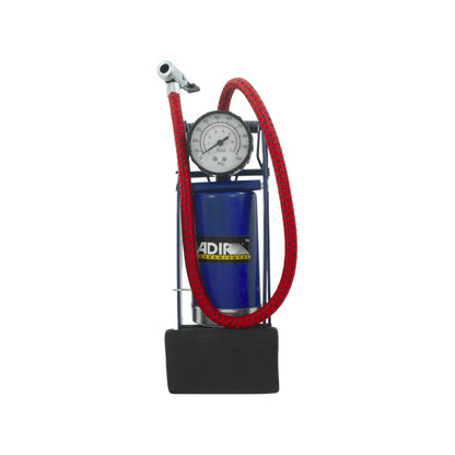 Bomba de pie Adir azul con manómetro de presión, manguera roja y base negra para inflar neumáticos