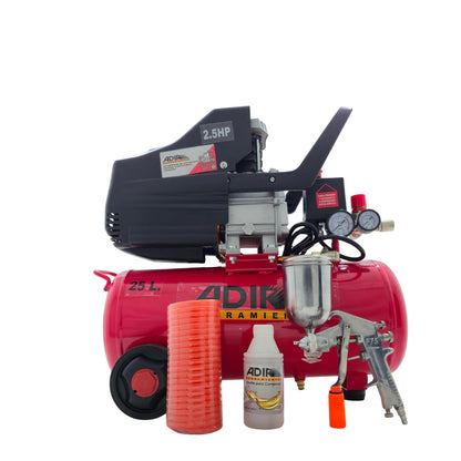 Compresor de aire Adir rojo 2.5 HP 25 litros con pistola de pintar, manguera, manómetros y aceite lubricante.