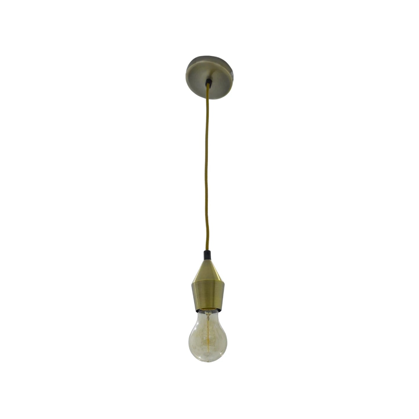 Candil colgante tipo socket decorativo con foco filamento vintage, acabado latón envejecido.