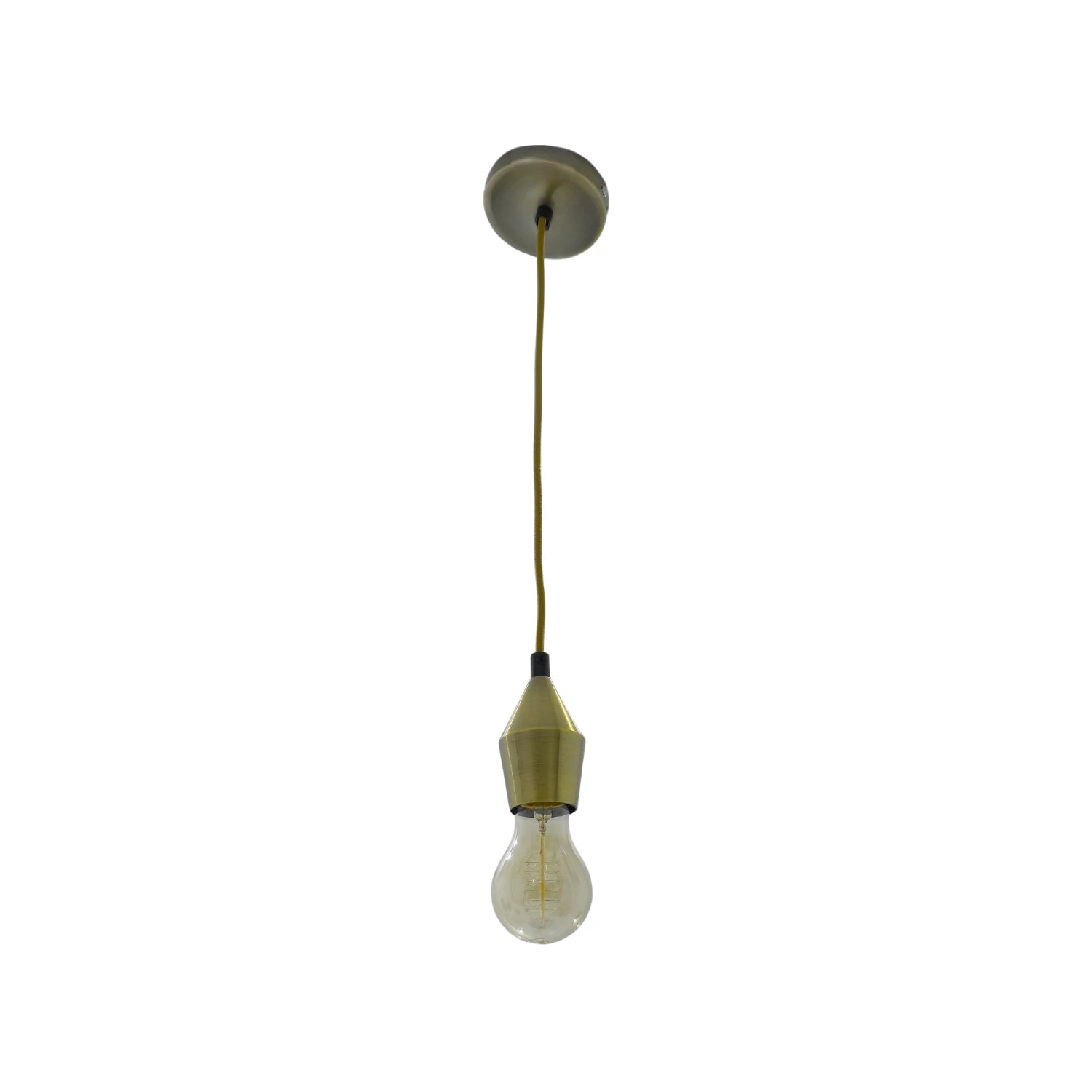 Candil colgante tipo socket decorativo con foco filamento vintage, acabado latón envejecido.